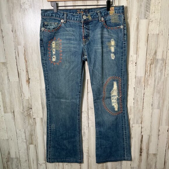 Vintage‎ Y2k July 25 Patchwork Boho Embroidered Distressed Flare Jeans Womens 31 - Picture 1 of 7